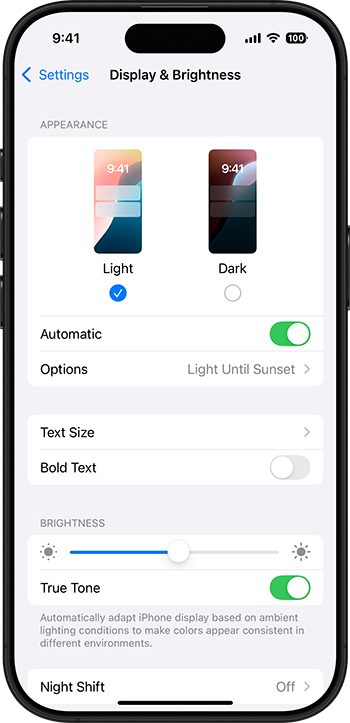 Apple Settings Display & Brightness
