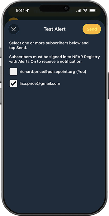 NEAR Registry AED Needed Alert Send Test List