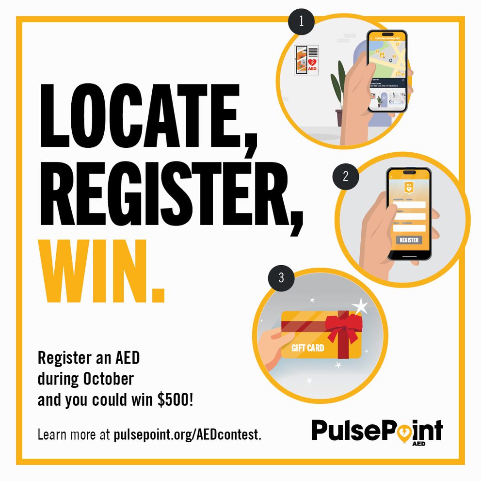 PulsePoint AED Contest IG Image "Locate, Register, Win"