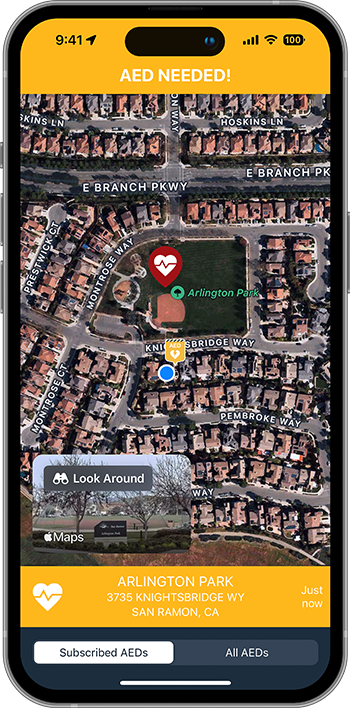 PulsePoint AED-needed alert map screen