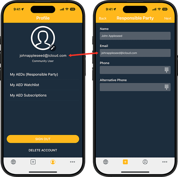 Profile Page and Responsible Party Page from PulsePoint AED