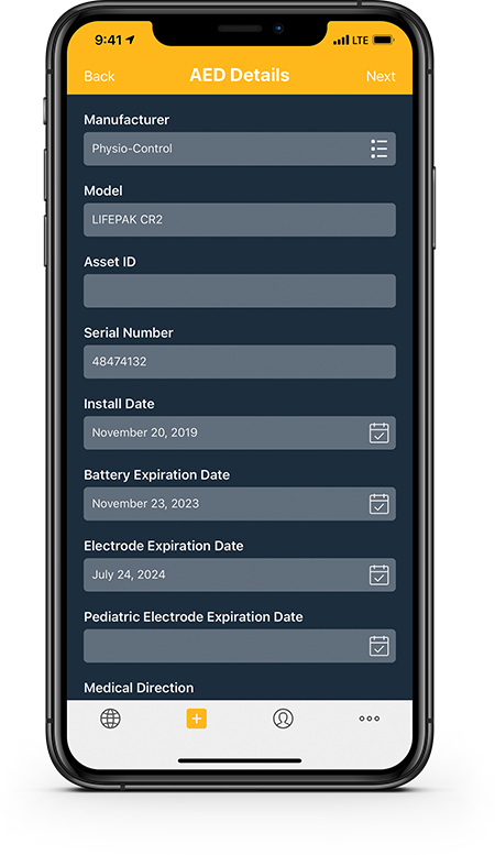 AED device and consumable information supporting expiration reminders and manufacturer notices.