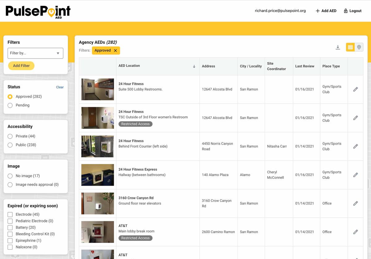 PulsePoint AED Registry Grid View
