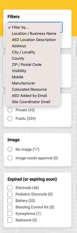 PulsePoint AED Registry Faceted Search Filters